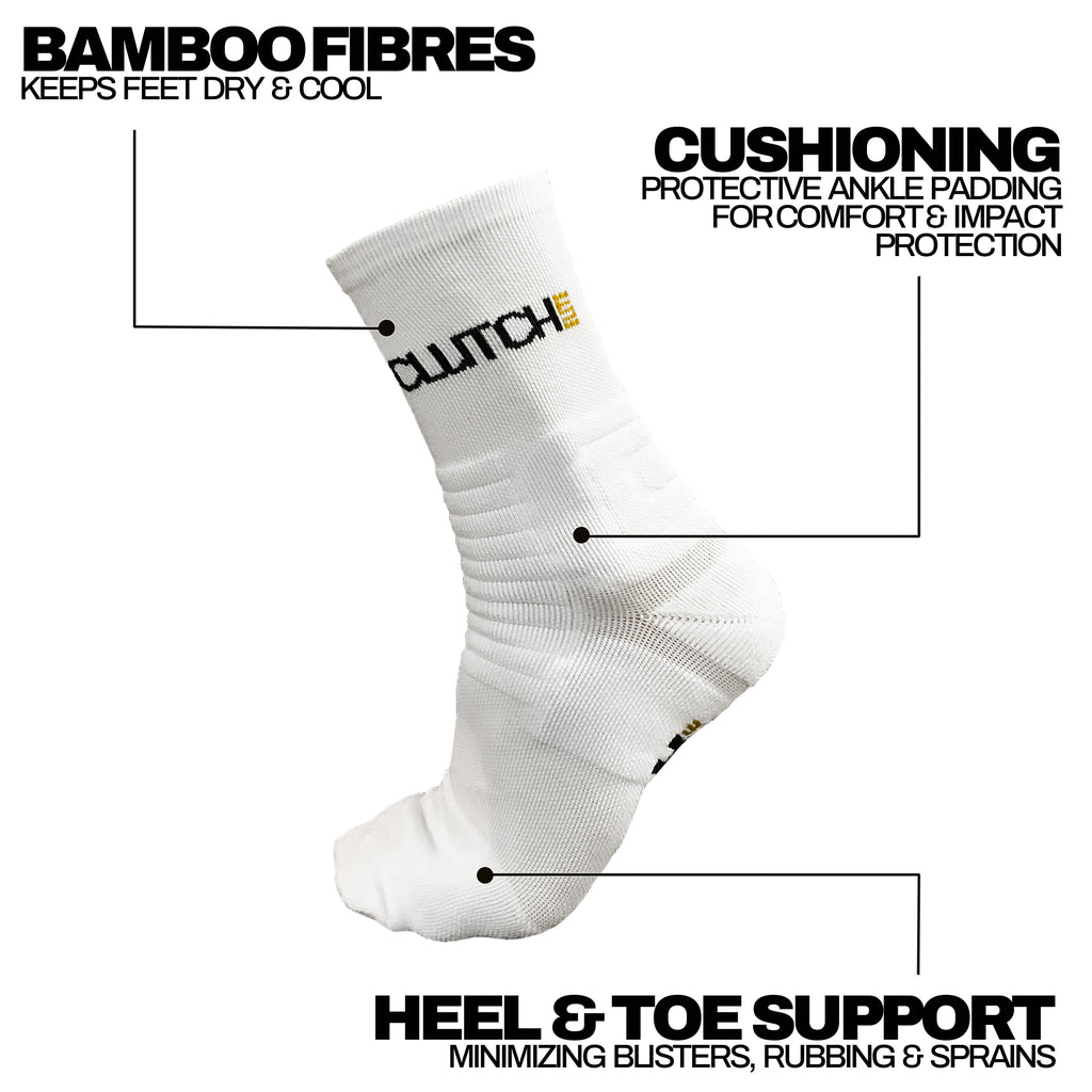 White sock with Clutch branding on a white background, highlighting features like bamboo fibres, cushioning, and heel & toe support.