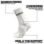 White sock with Clutch branding on a white background, highlighting features like bamboo fibres, cushioning, and heel & toe support.