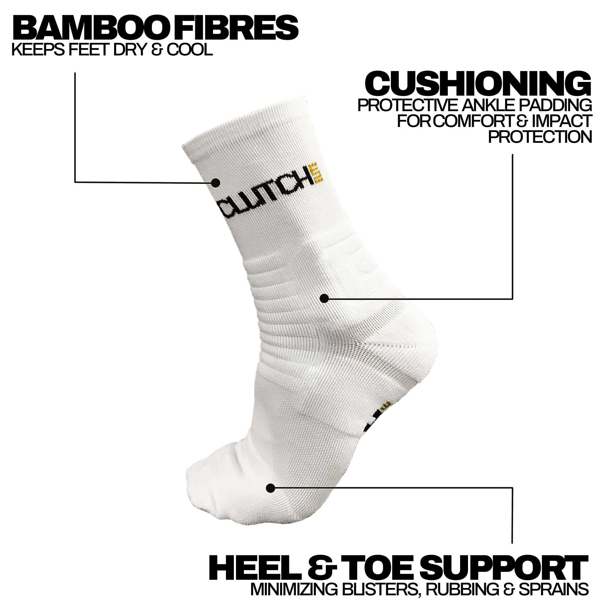 White sock with Clutch branding on a white background, highlighting features like bamboo fibres, cushioning, and heel & toe support.